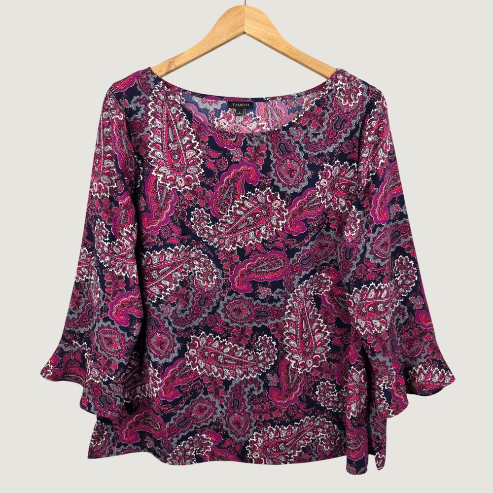 Talbots Paisley Blouse Women's Large Pink Navy Blue 3/4 Bell Sleeve Boho Preppy